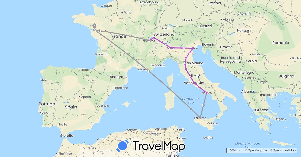 TravelMap itinerary: driving, plane, train in Switzerland, France, Italy (Europe)